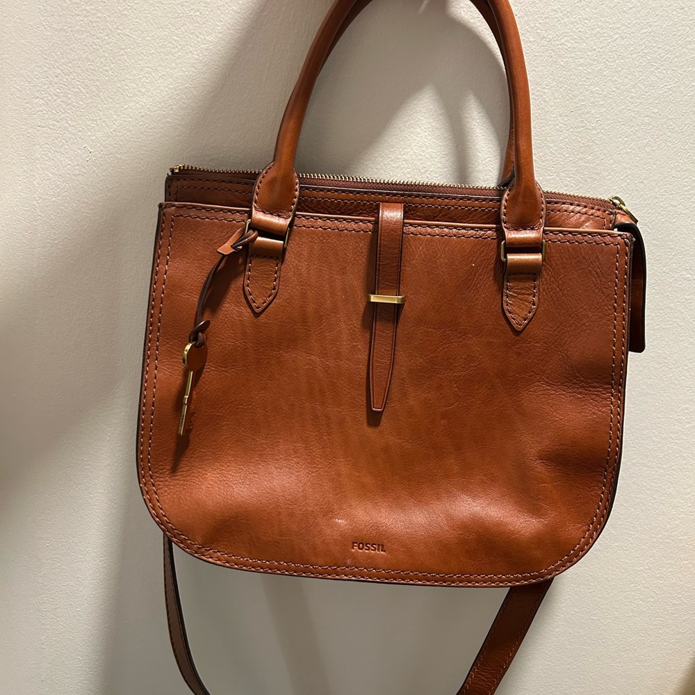 Fossil Cognac Leather Satchel with Gold Hardware